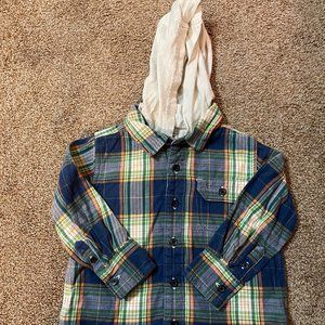 Old Navy long sleeve button down hooded plaid shirt 3T